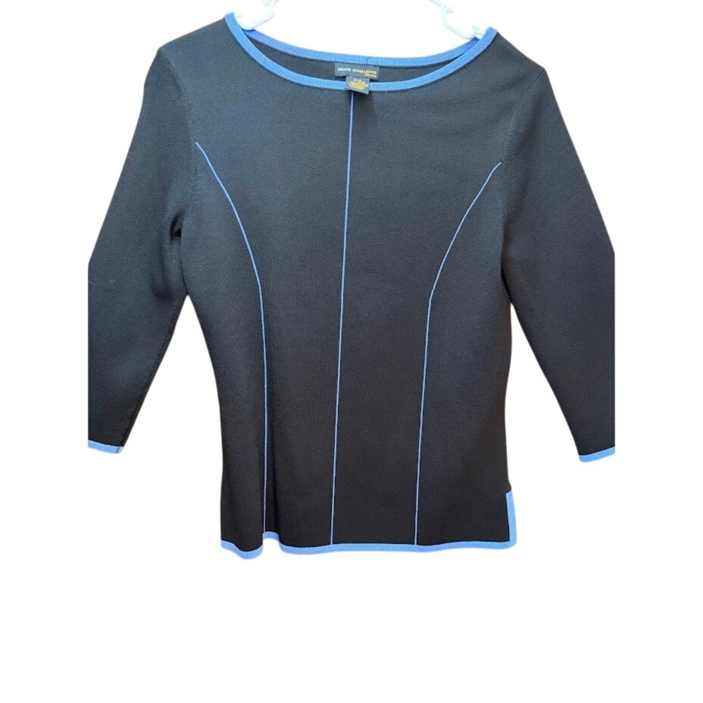 Grace Dane Lewis Petite Black Blue Contrast Trim 3/4 Sleeve Knit Sweater Top PS